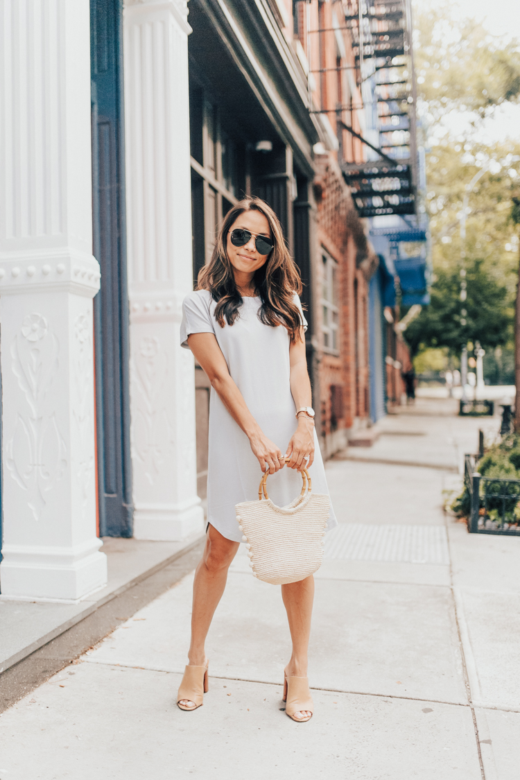 lou and grey, t shirt dress, mules, petite style