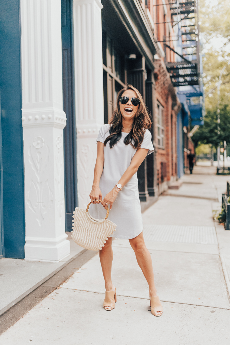 lou and grey, t shirt dress, mules, petite style