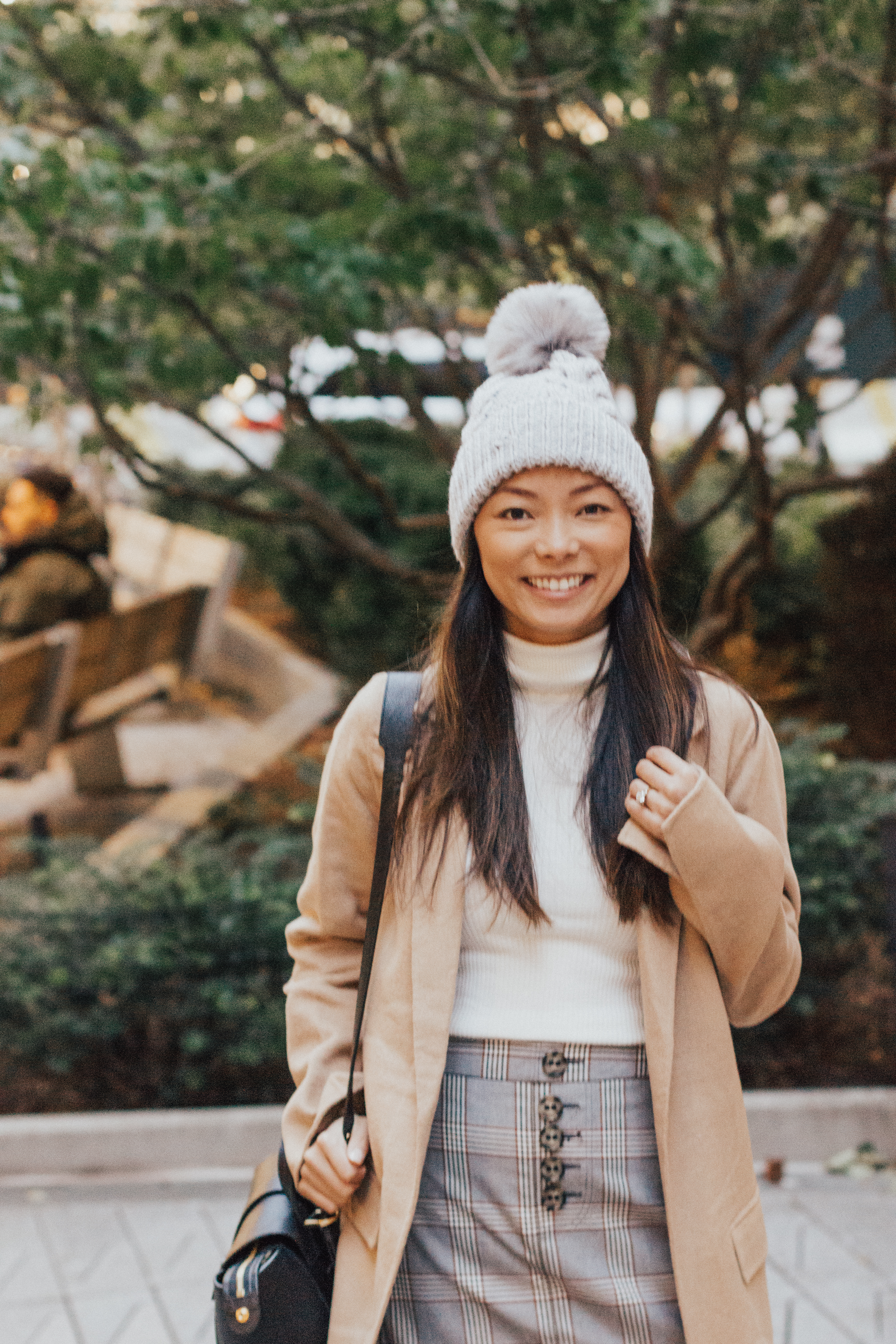 express, express holiday style, plaid skirt, camel coat, winter style