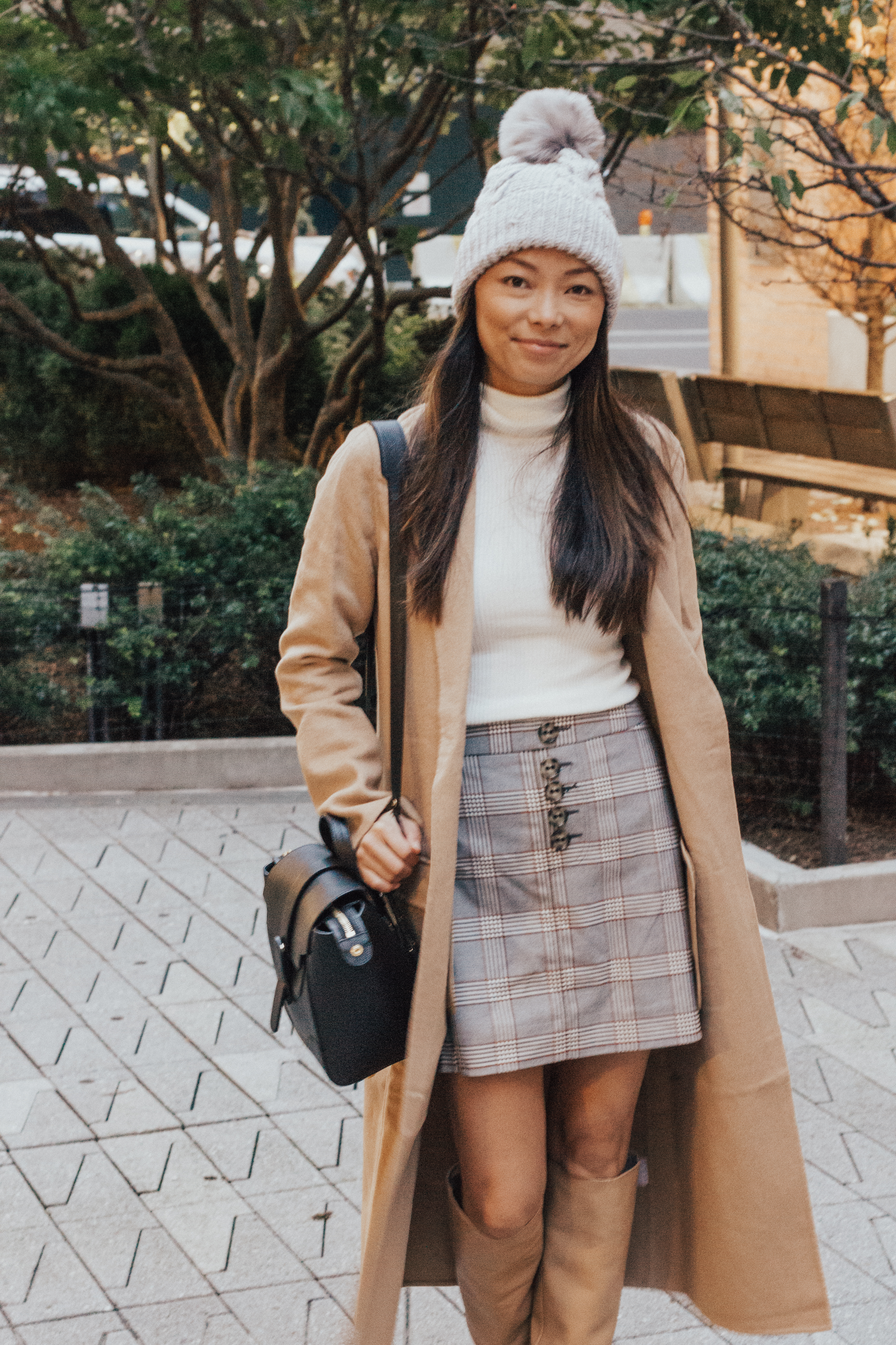 express, express holiday style, plaid skirt, camel coat, winter style