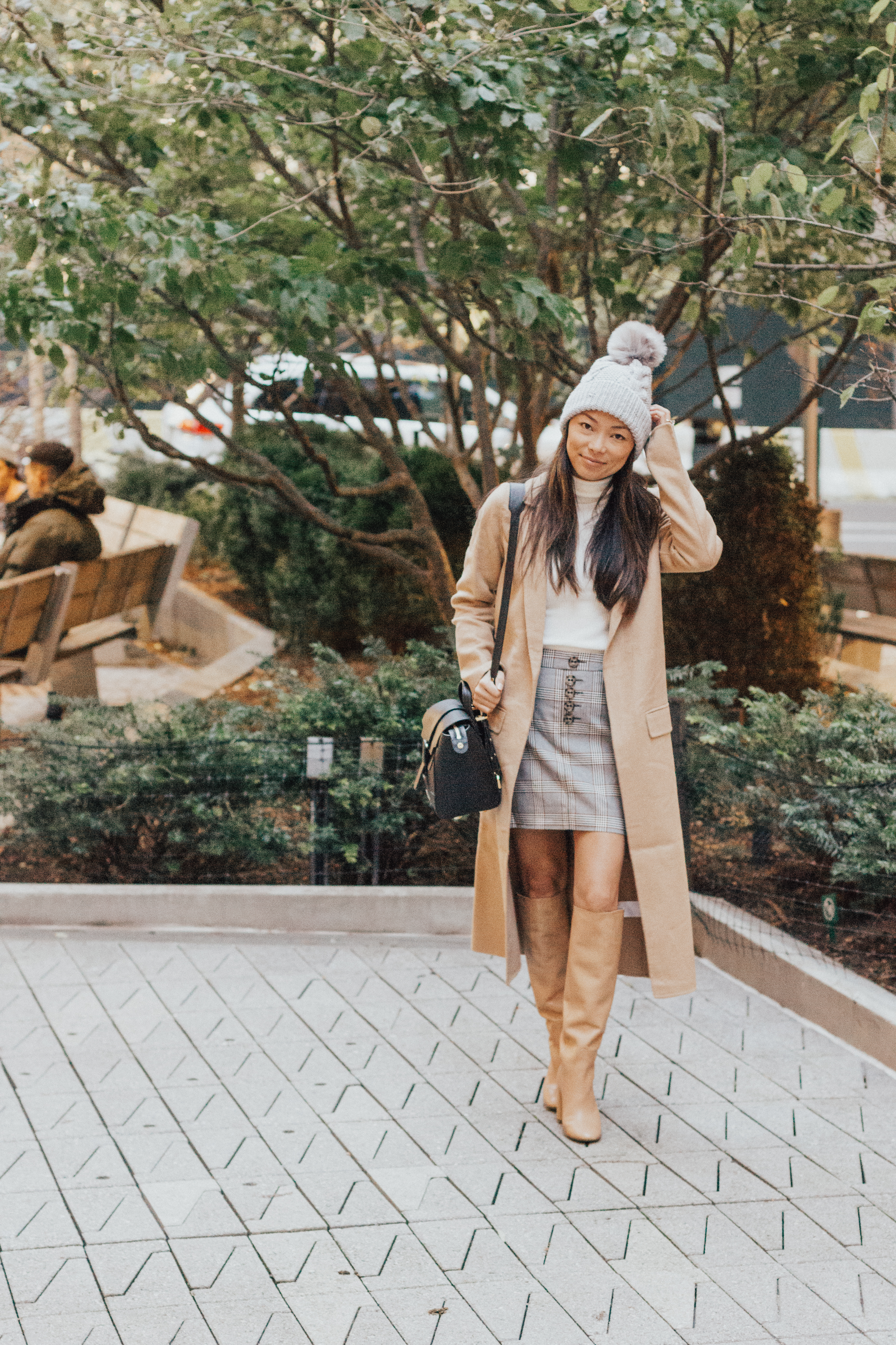 express, express holiday style, plaid skirt, camel coat, winter style