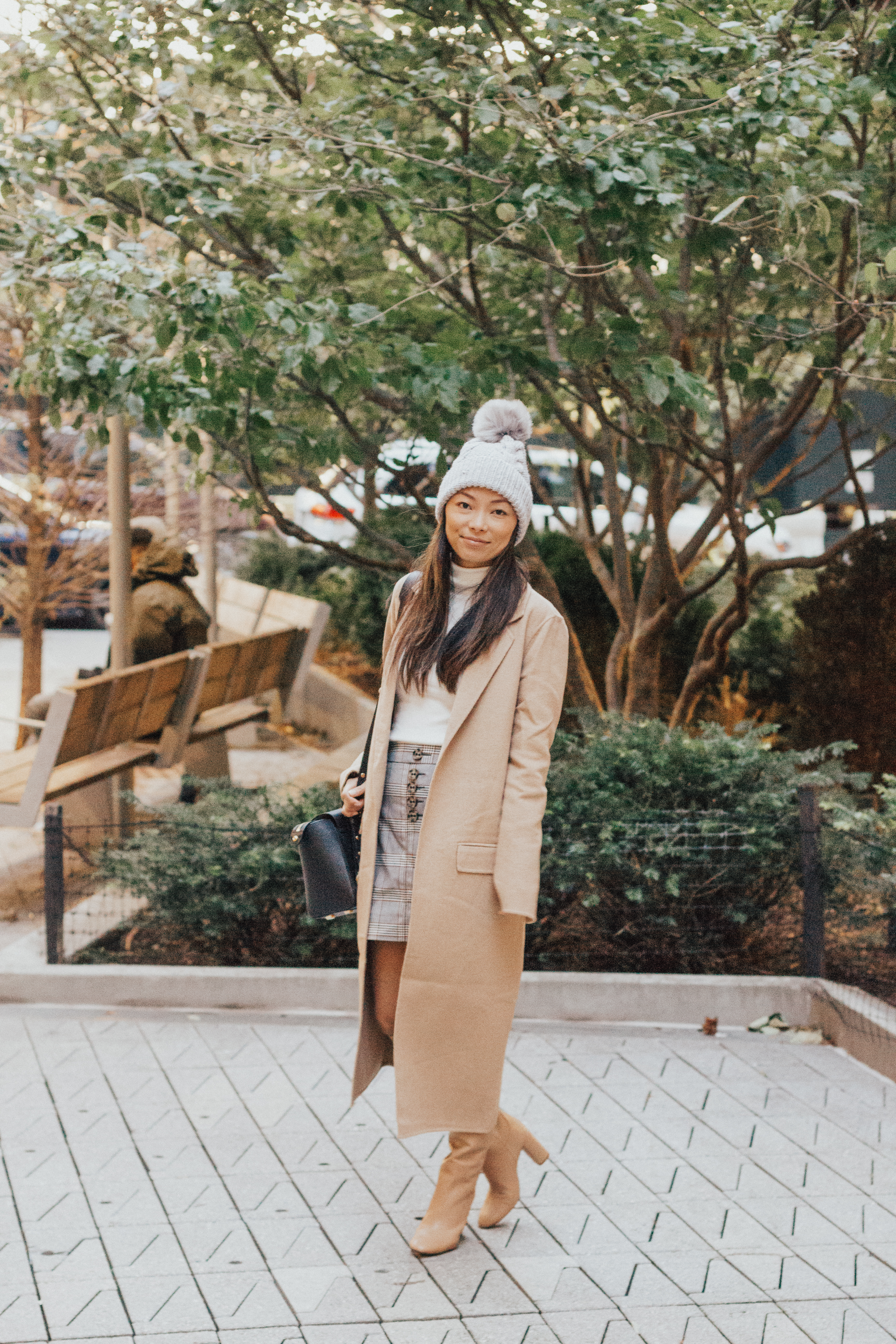 express, express holiday style, plaid skirt, camel coat, winter style