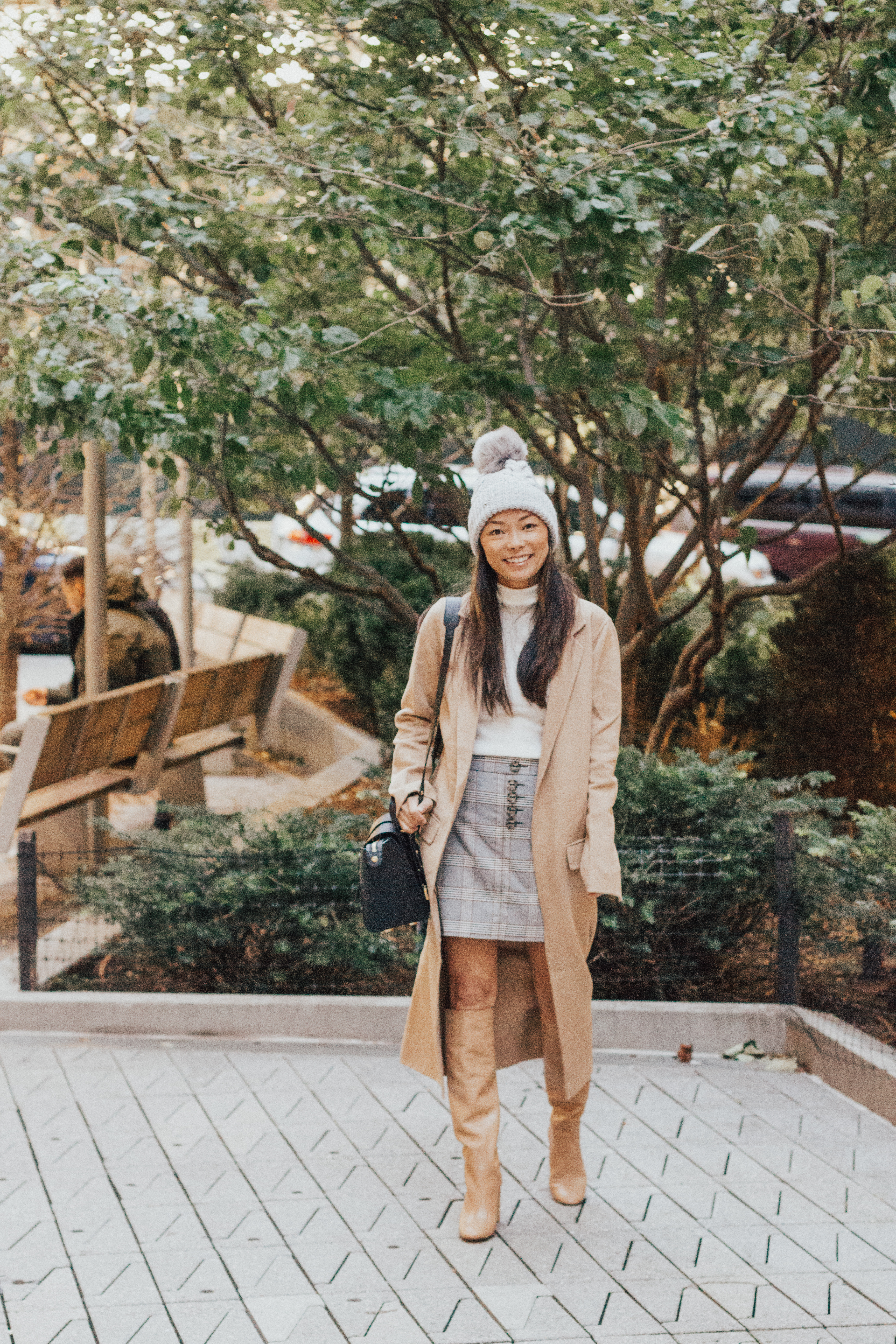 express, express holiday style, plaid skirt, camel coat, winter style