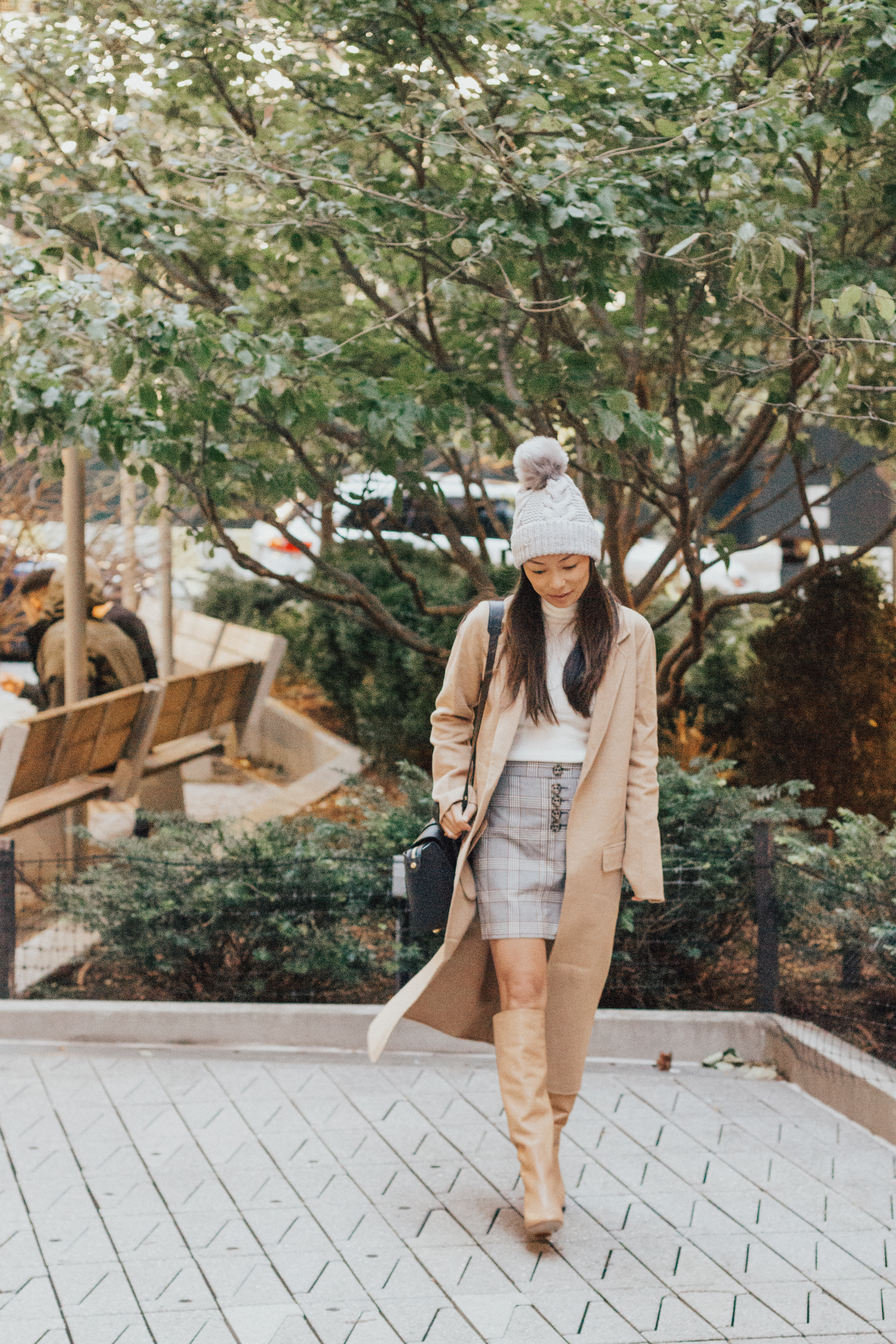 express, express holiday style, plaid skirt, camel coat, winter style