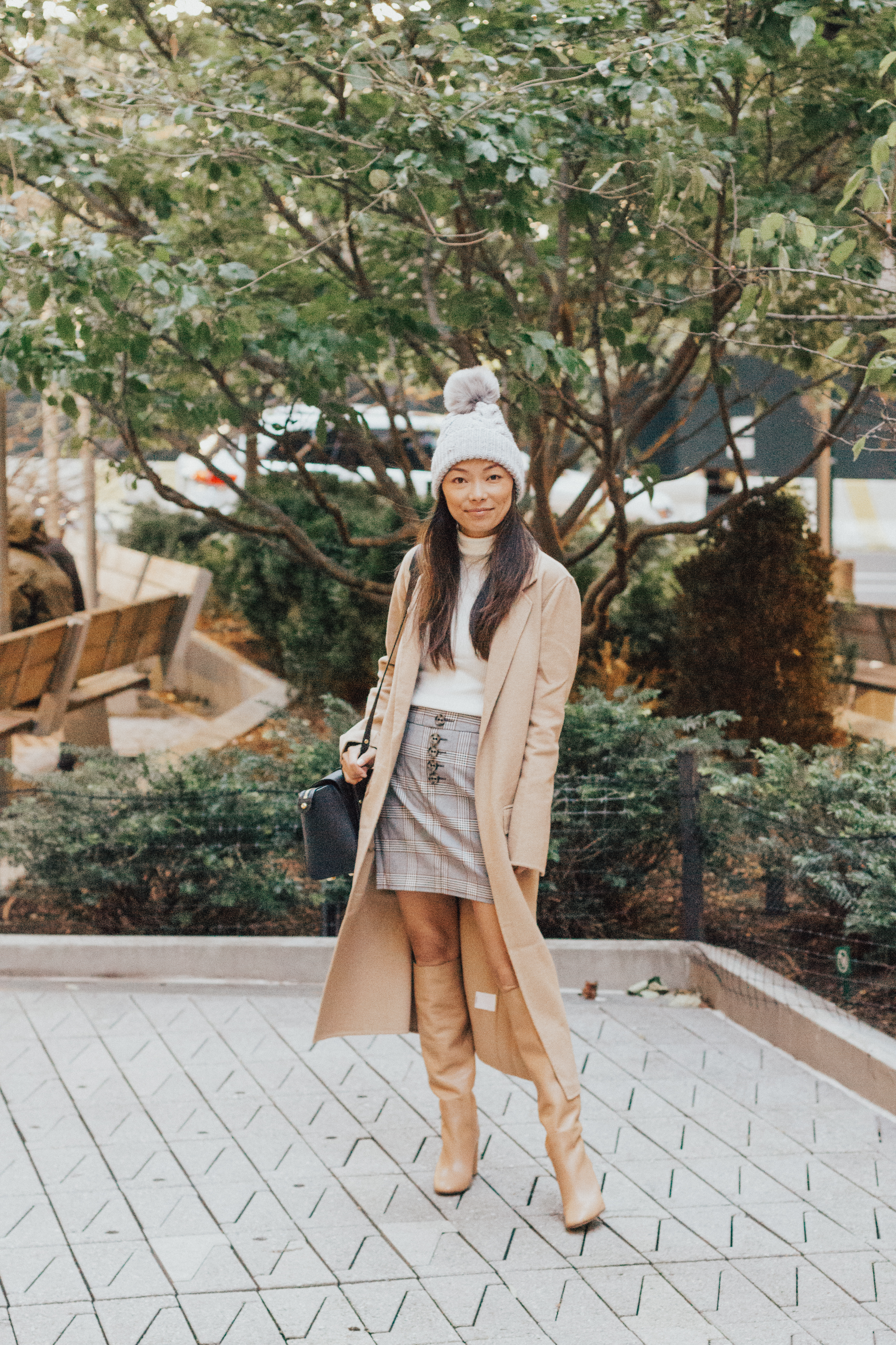 express, express holiday style, plaid skirt, camel coat, winter style