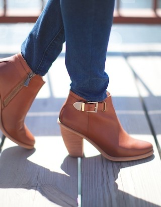 gingham, peach blazer, structured blazer, marrin costello, cognac booties