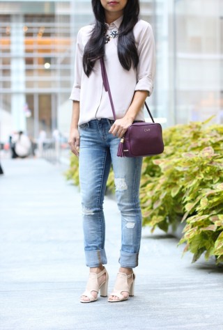 everlane silk round collar dusk, gigi new york madison crossbody, bauble bar, berry, fall style, ripped boyfriend jeans