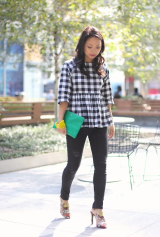 gingham top, peplum top, asos gingham, black ripped skinny jeans, leatherology clutch