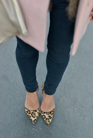 jcrew stadium cloth cocoon coat, jcrew pink coat, pink wool coat, faux fur vest, leopard heels