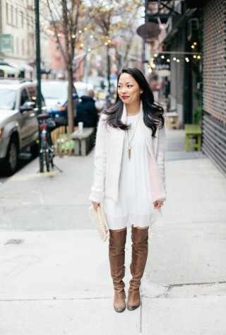 winter white, white dress, reiss sweater, bauble bar necklace, christine petric, the view from 5 ft. 2, fashion bloggers