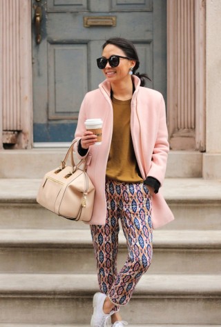 anthropologie joggers, jcrew cocoon coat, pink coat, everlane sweater, christine petric, the view from 5 ft. 2