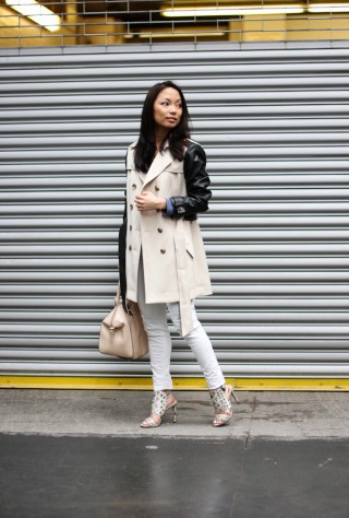 vince camuto fandy, snakeskin heels, equipment blouse, trenchcoat style, white jeans, christine petric, the view from 5 ft. 2