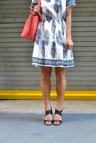 chicwish blue floral dress, porcelain print, dolce vita wedges, gigi new york mini taylor, christine petric, the view from 5 ft. 2