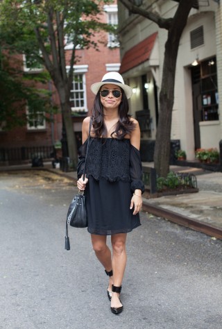 off the shoulder dress, feeling parisian, panama hat, pointed toe flats, isabella fiore, christine petric, the view from 5 ft. 2