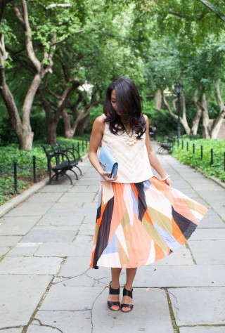 pleated color block skirt, anthropologie, petites, chevron midi top, wedding shower, christine petric, the view from 5 ft. 2
