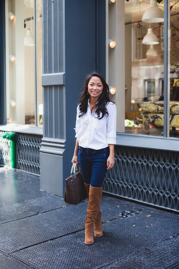 fall basics, fall essentials, white blouse, over the knee boots, christine petric, the view from 5 ft. 2, danielle nicole handbags