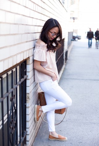 off shoulder top, rag and bone jeans, henri bendel, soludos espadrilles, christine petric, the view from 5 ft. 2