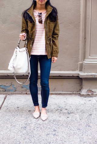 old navy striped tee, utility jacket, henri bendel, mgemi flats, christine petric, the view from 5 ft. 2