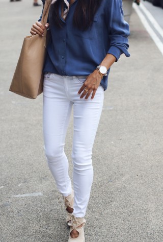 how to wear a neck scarf, white jeans, equipment blouse, christine petric, the view from 5 ft. 2