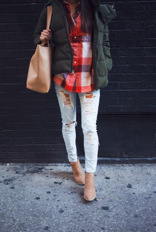 plaid shirt, old navy, puffer jacket, christine petric, the view from 5 ft. 2