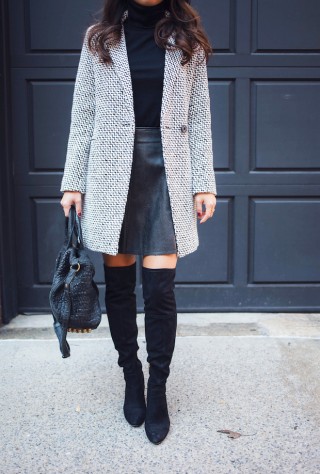 date night outfits, tweed coat, winter outfits, black over the knee boots, new york bloggers, christine petric