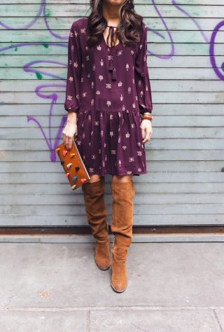 transitioning from winter, drop waist dress, fossil, over the knee boots
